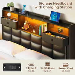 Queen Size Bed Frame with Drawers & Charging Station, Upholstered Platform Bed with LED Storage Headboard