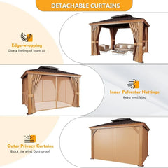 10' x 12' Gazebo, Permanent Wooden Finish Coated Aluminum Frame Canopy, Galvanized Steel Double Top, Outdoor Metal Pavilion with