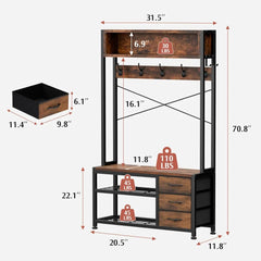 Hall Tree with Bench and Shoe Storage, 31.5" Coat Rack Freestanding with 2-Tier Storage Shelf, 6-in-1 Entryway Bench Coat