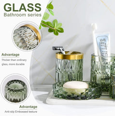 Green Bathroom Accessories Set, 5Pcs Clear Glass Bathroom Accessories, Hand Soap Dispenser, Soap Dish, Toothbrush Holder Set, Tu