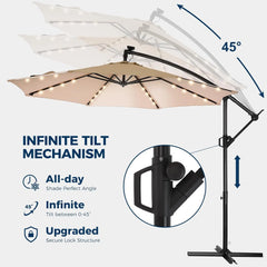10ft Solar Lights Offset Cantilever Patio Umbrella - with Light and Base, LED Lighted Offset Hanging Patio Outdoor Market