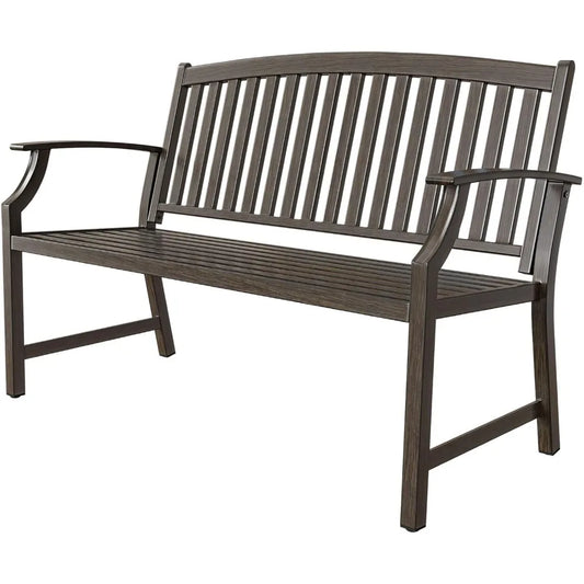 patio Farmhouse Outdoor Bench, Garden Benches with Anti-Rust Aluminum Powder Coated Frame, Faux Wood Grain Finish Frame