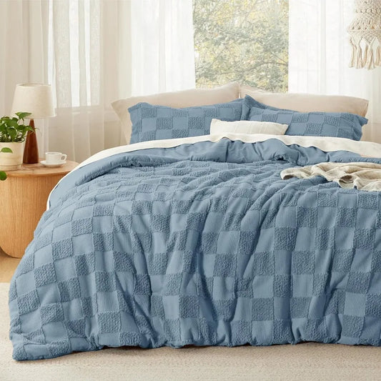 Boho Duvet Cover King Size - Checkered King Duvet Cover Set for All Seasons, 3 Pieces Soft Shabby Chic Embroidery Boho Bedding