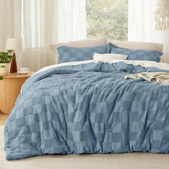 Boho Duvet Cover King Size - Checkered King Duvet Cover Set for All Seasons, 3 Pieces Soft Shabby Chic Embroidery Boho Bedding