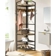4-Tier Corner Coat Rack with Shoe Storage Entryway, Hall Tree with Bench and 6 Metal Hooks, Freestanding Clothes Rack