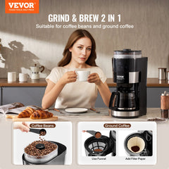 Succebuy Coffee Maker with Grinder Grind and Brew Coffee Maker Adjustable Grinding Coarseness for Home Office Restaurant