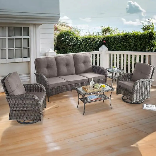 5 Piece Patio Furniture Set - Wicker Patio Conversation Set with Swivel Glider, 3 Seat Sofa, Tempered Glass Side Table and Coffe