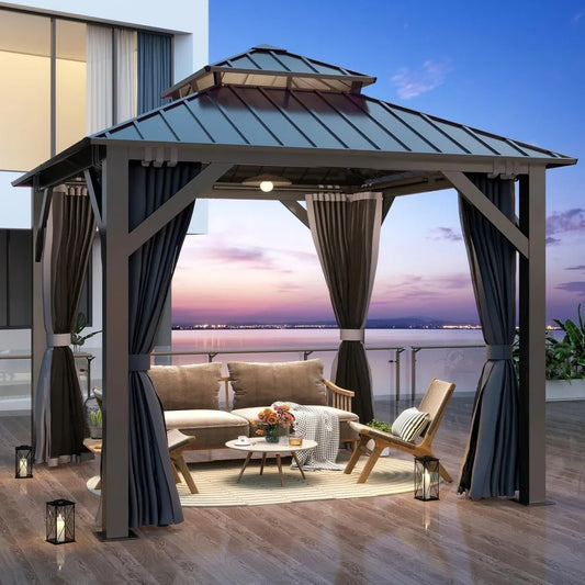 8.5x8.5FT Outdoor Hardtop Gazebo - with Breathable Netting & Privacy Curtain, Double Roof, Gazebos