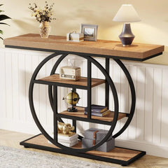 Console Table, Industrial 4-Tier Sofa Table Entryway Table with Circle Base, Narrow Wood Accent Tables with Sto