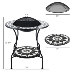 30" Wood Burning Fire Pit & Outdoor Ice Bucket Side Table, Steel, Lid, Mosaic