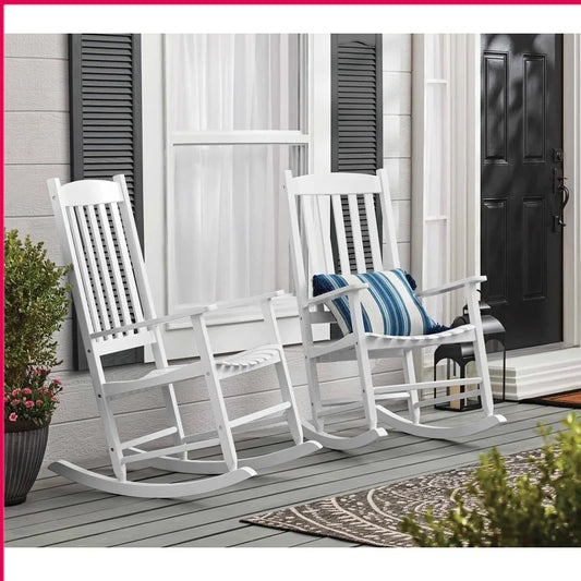 Acacia Wood Porch Rocking Chair Comfortable Outdoor Seating Solid White Finish Easy to Clean Assembly Required