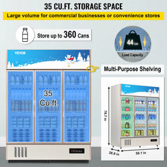 SucceBuy Triple Swing Door Commercial Refrigerator Display Fridge Upright Beverage Cooler Glass Door with LED Light