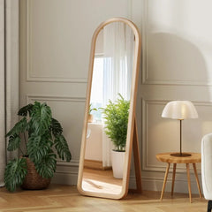 63"x18" Arched Full Length Mirror with Solid Wood Frame, Wooden Floor Mirror with Stand, Leaning/Hanging Full Body Mirror