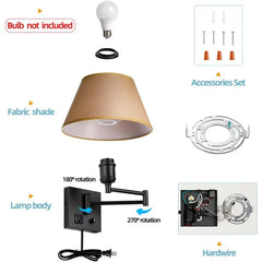 Swing Arm Wall Sconces, Plug-in Wall Lamp,Bedroom Wall Lamp ， White Fabric Shade with Dimmable Switch and USB Charging