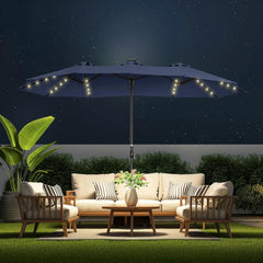 Double Sided Patio Umbrellas - 13ft Solar Lights LED Lighted Outdoor Extra Large Market Table Umbrella with Base Included