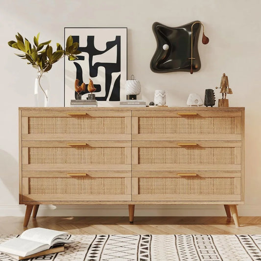 6 Drawer Double Dresser for Bedroom, Rattan Chest of Dressers, Modern Wooden Dresser Chest with Golden Handles,