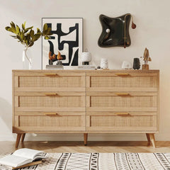6 Drawer Double Dresser for Bedroom, Rattan Chest of Dressers, Modern Wooden Dresser Chest with Golden Handles,