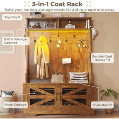 Hall Tree with Bench and Shoe Storage, 5-in-1 Entryway Bench with Coat Rack, 10 Shoe Cubbies & 9 Coat Hooks, Barn Door & A