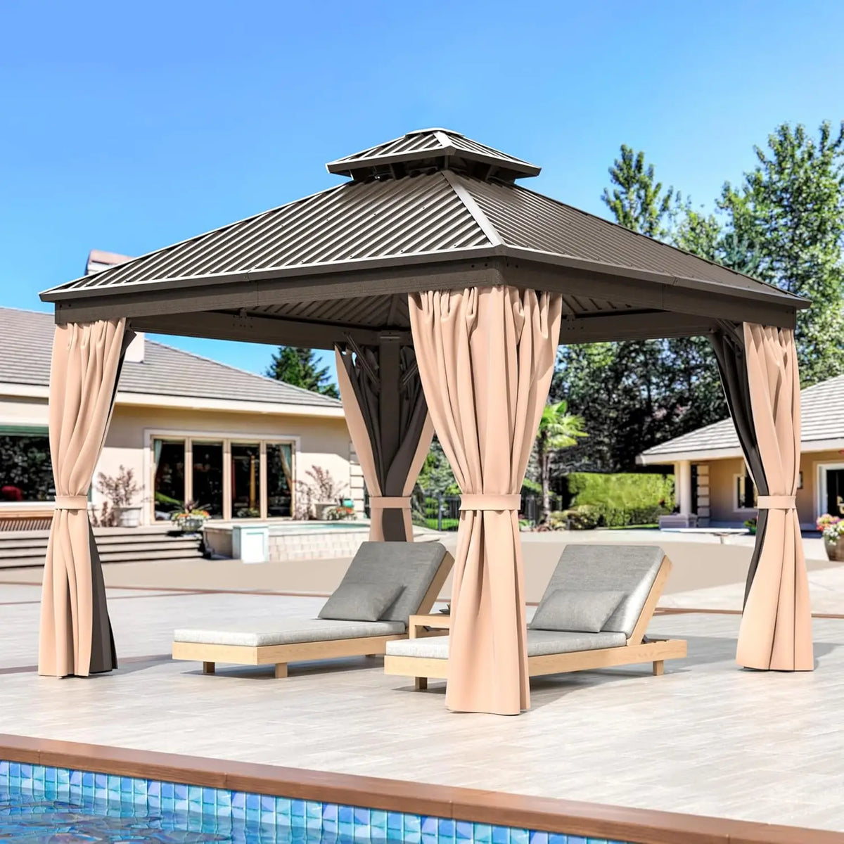 10x12 FT Hardtop Gazebo with Aluminum Frame, Galvanized Steel Double Roof Gazebo with Nettings and Curtains, Permanent Outdoor