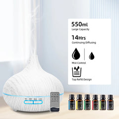 For Home 550ml Wood Grain Essential Oil Diffuser  Ultrasonic Aromatherapy Humidifier with Remote  6 Essential Oils  Auto Shut Of