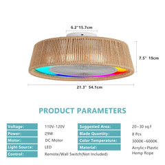 21" Modern Rustic Ceiling Fan Light with LED RGB Mood Lighting, Rope Woven Design, Quiet Fan, Semi Flush Mount for Bedroom