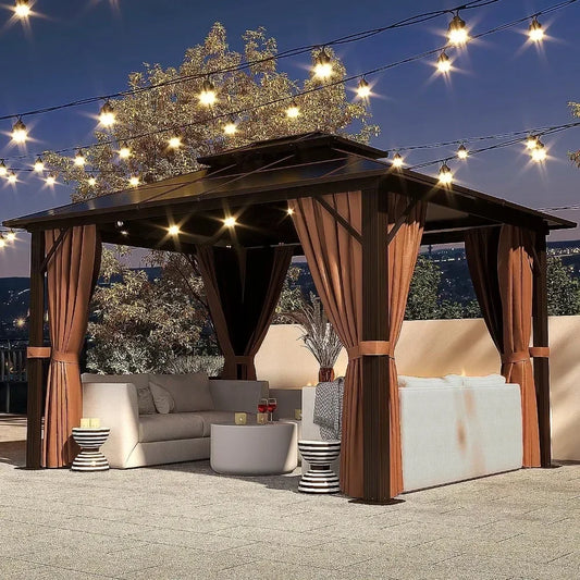 12'x16 'hard Top Pavilion, Outdoor Polycarbonate Double Roof Pavilion with Aluminum Frame, Mesh, and Curtains Gazebo