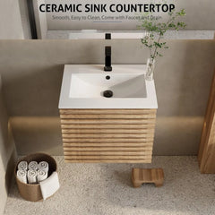 24" Floating Bathroom Vanity with Sink Combo Mid-Century Wall Mounted Cabinet with Wood Stripes Decor, Drawers, Undermount Sink