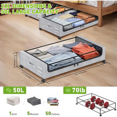 Under Bed Storage with Wheels,  Under Bed Storage Containers, Under The Bed Storage Organizer with Clear Lids - Rolling Drawers