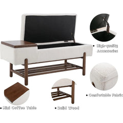 Entryway Storage Bench for Bedroom Sherpa End of Bed Upholstered Ottoman Bench with Wood Shoe Storage/Coffee Table for Living R