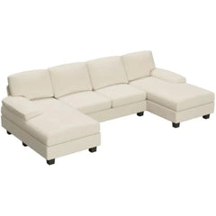 Convertible Sectional Sofa Couch, 4 Seat Sofa Set U-Shaped Modern Fabric Modular Sofa Sleeper with Double Chaise & Memory Foam