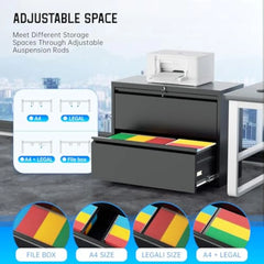 2 Drawer Filing Cabinet, Black Lateral File Cabinet with Lock, Office File Cabinets for Legal/Letter/A4/F4 Size with Hanging F