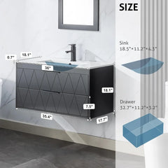 36" Bathroom Vanities Cabinet with Sink Combo, Wall Mounted Floating Cabinet W/Decor Line, Soft-Close System, 2 Extra Big Drawe