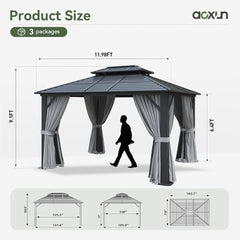 10'x 12' Hardtop , Outdoor Dual-Layer Galvanized Steel Double Roof Canopy with Netting and Curtains, Gazebos