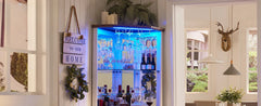 Corner Bar Storage Cabinet, Barn Door & Adjustable Shelf, Home Bar Cabinet w/LED Light & Glass Rack, 72" Tall Wine Bar Cabinet
