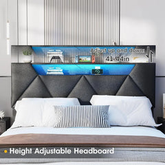 Vabches Queen Bed Frame with Storage Headboard and 4 Drawers,Upholstered Platform with Charging Station and Led Lights,Adjustabl