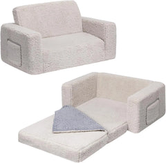 Fold Out Toddler Couch, Extra Wide Comfy 2-in-1 Cuddly Sherpa Sofa for Kids, with Removable Baby Friendly Blanket, Convertible