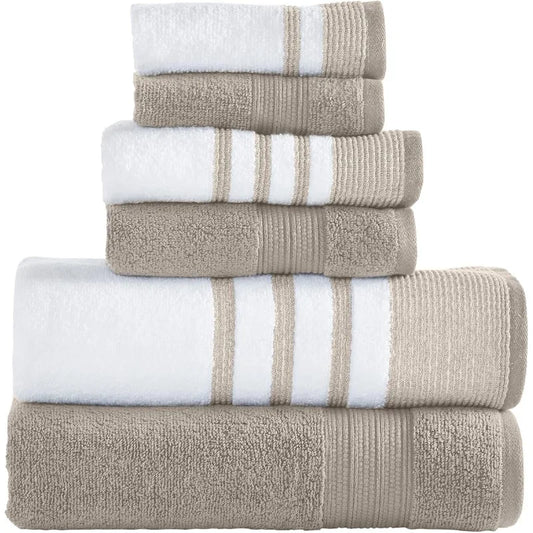 6 Piece Set, 2 Bath Towels, 2 Hand Towels, 2 Washcloths, Quick Dry White/Contrast Reinhart Tan