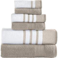 6 Piece Set, 2 Bath Towels, 2 Hand Towels, 2 Washcloths, Quick Dry White/Contrast Reinhart Tan
