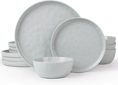 Dinnerware Sets for 4, Ocean Round 12-Piece Kitchen Plates and Bowls Sets, Reactive Glaze, Microwave and Dishwasher Safe,
