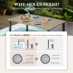 HERA'S HOUSE Outdoor Dining Table for 6, Rectangular Metal Patio Table with Umbrella Hole, 6-Person Weather Resistant Wood-Like