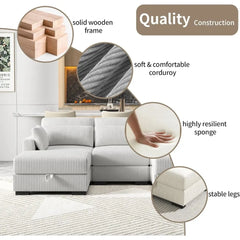 Corduroy Sofa Couch with  Pillows, Seat Convertible U Shaped Sofa Couch with Storage and Chaise for small Apartments