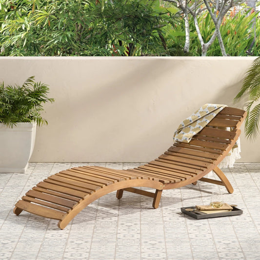 Foldable Outdoor Chaise Lounge Weather-Resistant Patio Chair with Slatted Design & Built-in Handle for Poolside/Backyard