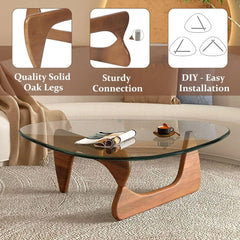 Mid-Century Modern Triangle Glass Coffee Table with Wooden Base – Walnut Transparent