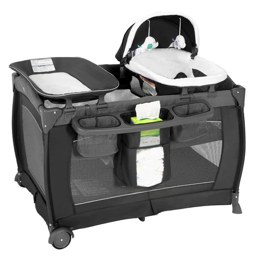 Playard Deluxe Nursery Center, Foldable Playpen for Baby & Toddler, Bassinet, Mattress, Changing Table for Newborn (Grey)