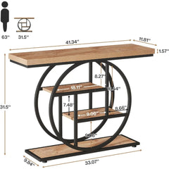 Console Table, Industrial 4-Tier Sofa Table Entryway Table with Circle Base, Narrow Wood Accent Tables with Sto