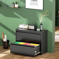 2 Drawer Filing Cabinet, Black Lateral File Cabinet with Lock, Office File Cabinets for Legal/Letter/A4/F4 Size with Hanging F