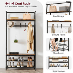Large Coat Rack Shoe Bench, 4-in-1 Hall Trees Entryway Bench with Coat Rack & Shoe Rack, Steel Frame Storage Shelf & Hanging Bar