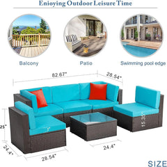 6 Piece Small Patio Furniture Sets, All Weather PE Wicker Rattan Outdoor Sectional Sofa with Glass Table, Cushions and Pillows