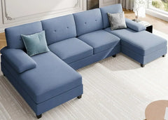 Living Room Sectional Sofa, 4-seater Set U-shaped Sofa with Double Chaise Longue, Large 106-inch Modern Fabric Sofa