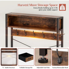 Hall Tree with Bench and Shoe Storage, 31.5" Coat Rack Freestanding with 2-Tier Storage Shelf, 6-in-1 Entryway Bench Coat
